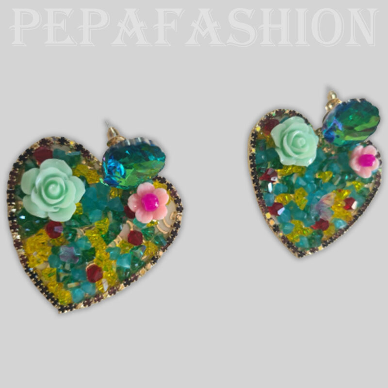 PENDIENTE CORAZON FLORECIDO VERDE